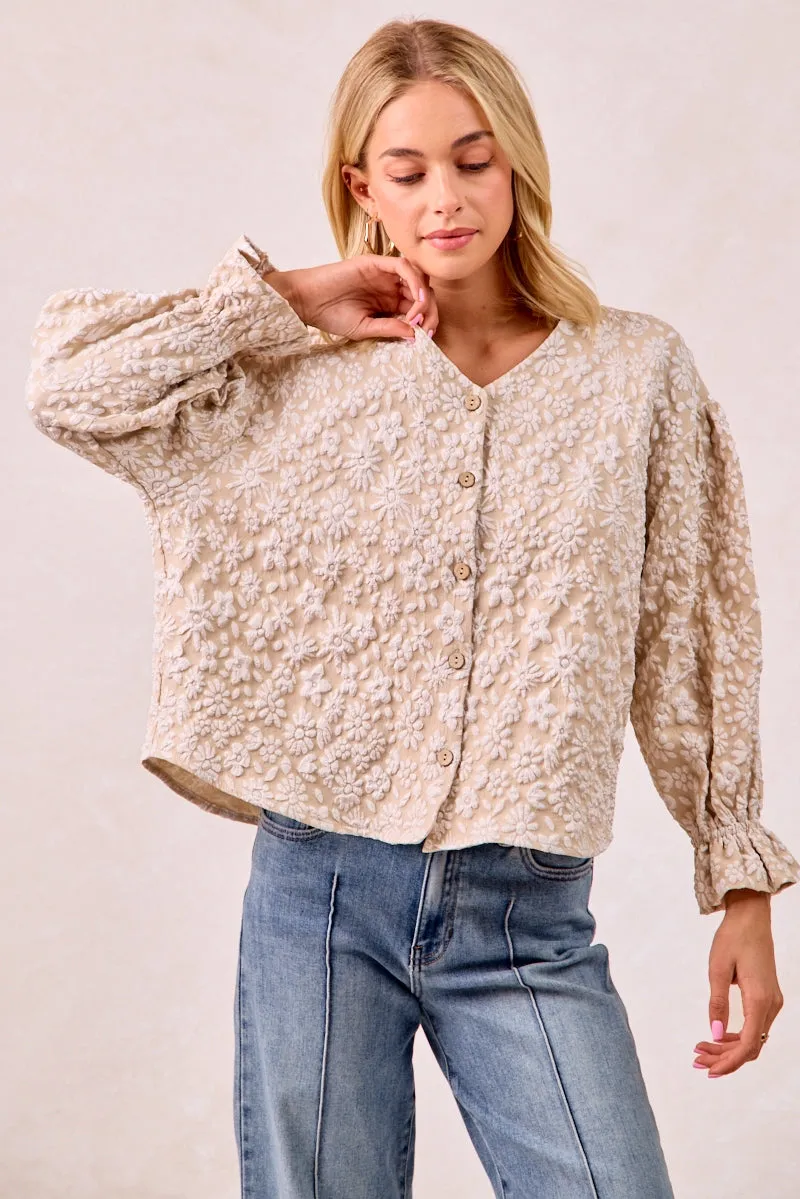 Breathable Design IT4361G-01 | FLORAL PATTERN TEXTURE V-NECK RUFFLED CARDIGAN TOP