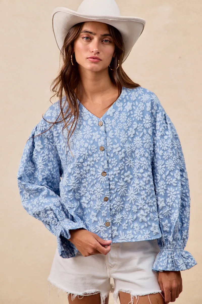 IT4361G-01 | FLORAL PATTERN TEXTURE V-NECK RUFFLED CARDIGAN TOP Core Basic ReinforcedBeltLoops