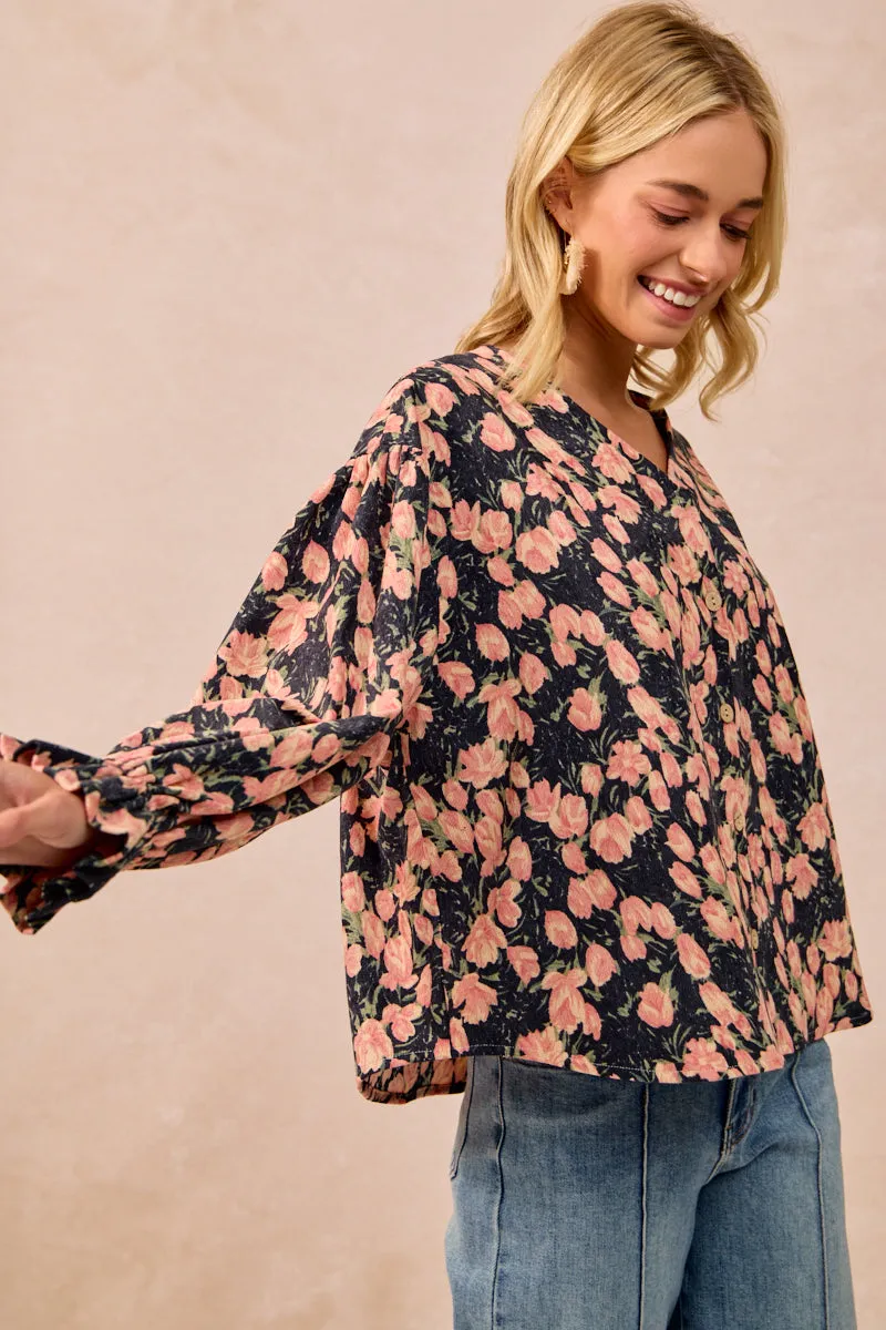 Biodegradable Fiber IT4361G-03 | FLORAL PRINTED CORDUROY VNECK RUFFLED CARDIGAN TOP