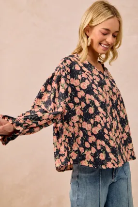 Biodegradable Fiber IT4361G-03 | FLORAL PRINTED CORDUROY VNECK RUFFLED CARDIGAN TOP