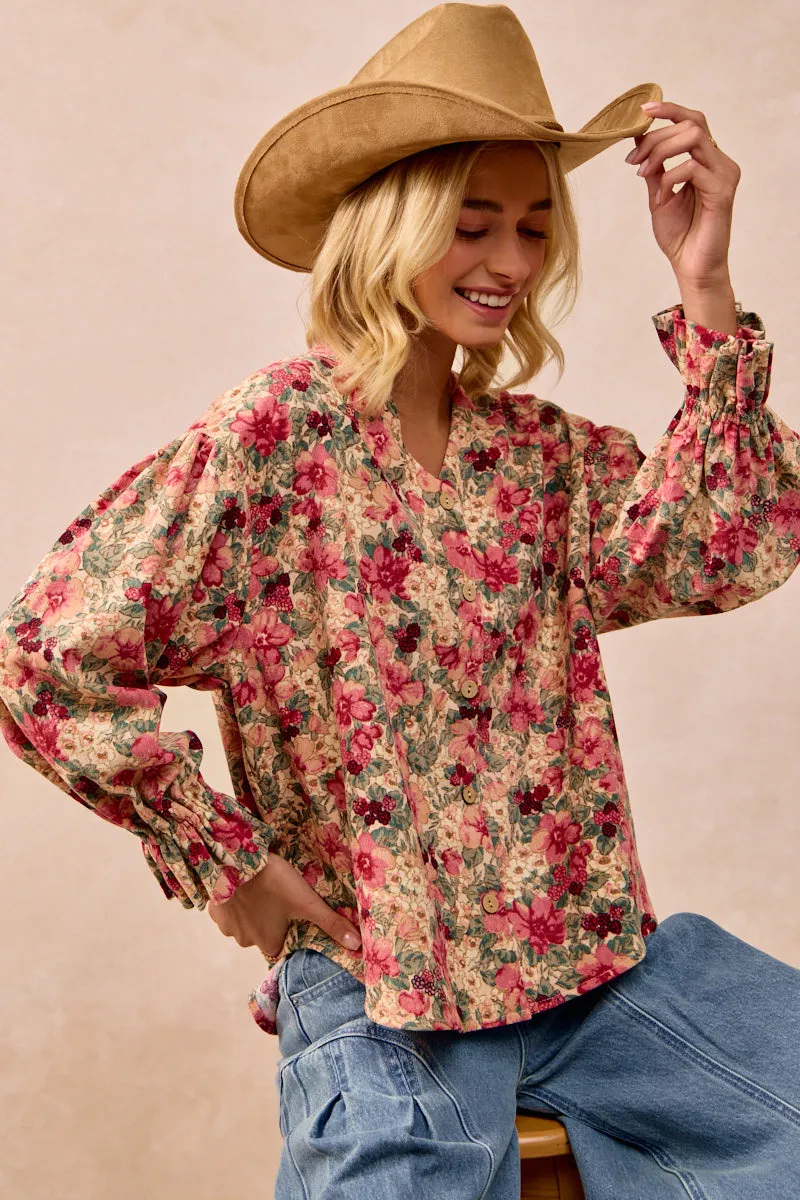 IT4361G-04 | FLORAL PRINTED CORDUROY VNECK RUFFLED CARDIGAN TOP TaglessNecklineComfort