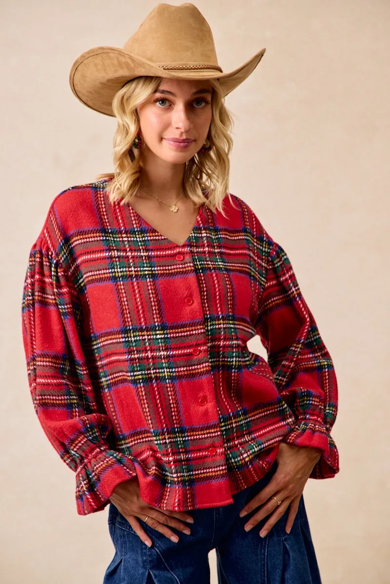 Bonded Fabric On The Go Layer IT4361G-06 | CHRISTMAS PLAID V-NECK ELASTIC RUFFLE CARDIGAN TOP