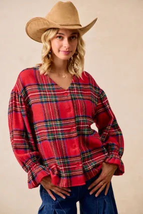 RipstopFabric IT4361G-06 | CHRISTMAS PLAID V-NECK ELASTIC RUFFLE CARDIGAN TOP