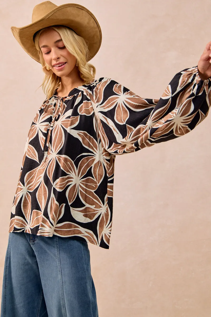 IT4362G-01 | FLORAL PRINT BALLOON SLEEVES TOP WITH FRONT TIE Ventilated Mesh Panels Reflective details