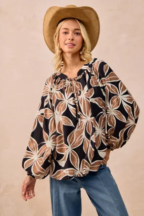 ZipClosure ComfortStretchFit IT4362G-01 | FLORAL PRINT BALLOON SLEEVES TOP WITH FRONT TIE