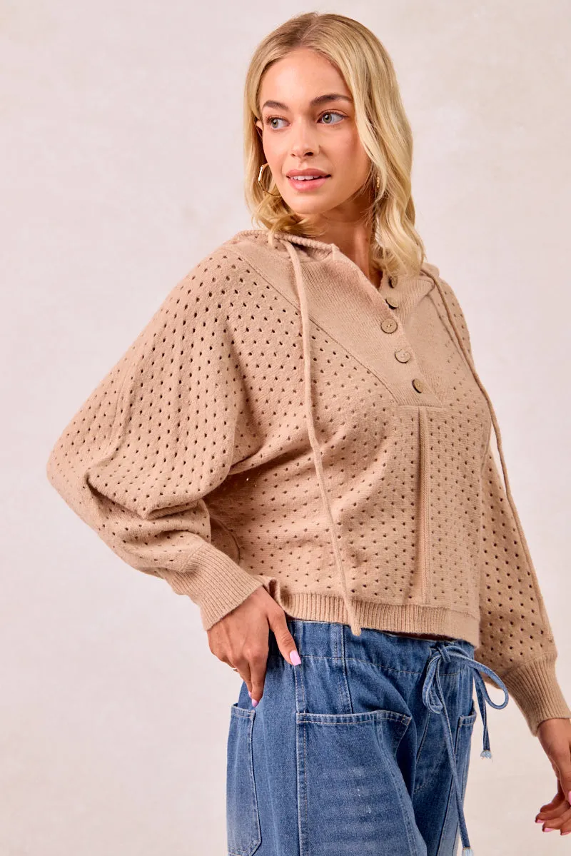 Move Easy IT4378S-01 | TEXTURED KNIT BUTTONED HOODIE TOP