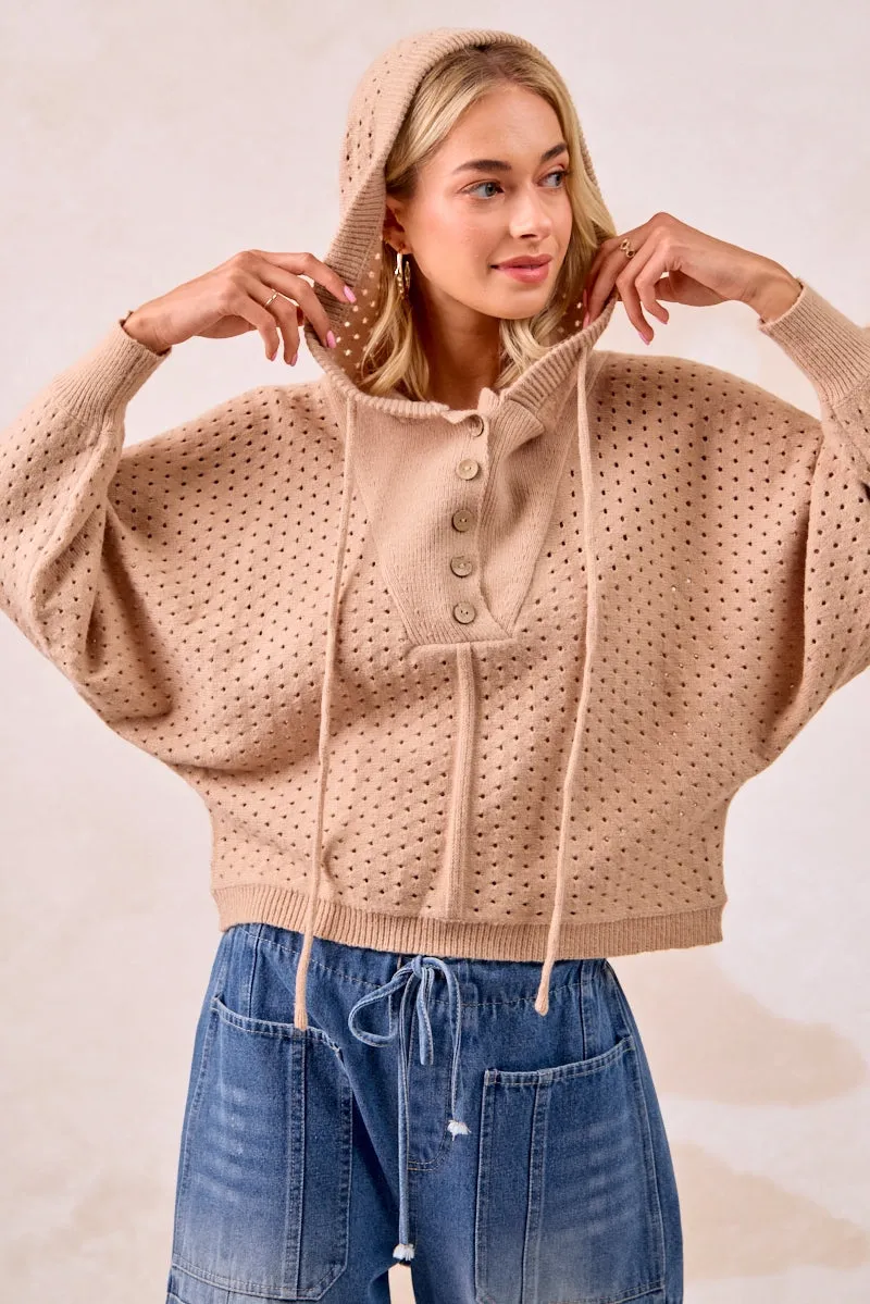BuiltInLayer IT4378S-01 | TEXTURED KNIT BUTTONED HOODIE TOP