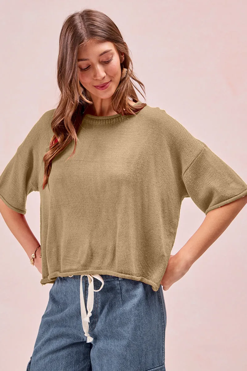 IT4399-01 | SOLID KNIT ROLL UP DETAIL SHORT SLEEVES TOP All Season Adaptability ReinforcedElasticHem