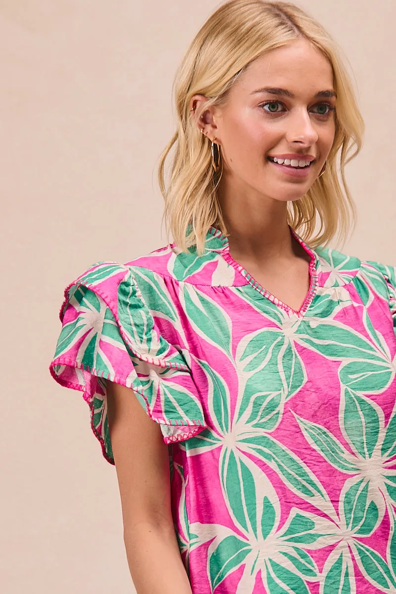 IT4404-02 | FLORAL PRINTED WITH TIERED STITCH DETAILS SHORT SLEEVES TOP Chill Look