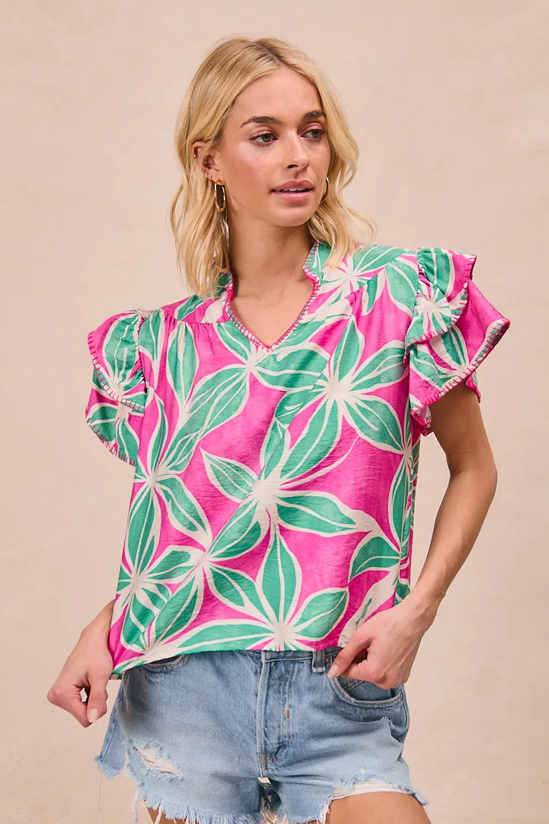 Articulated Ergonomic Fit IT4404-02 | FLORAL PRINTED WITH TIERED STITCH DETAILS SHORT SLEEVES TOP