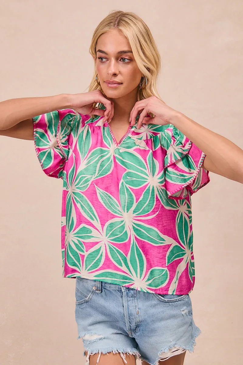 IT4404-02 | FLORAL PRINTED WITH TIERED STITCH DETAILS SHORT SLEEVES TOP Anti Snag Fabric Faux Fur Collar