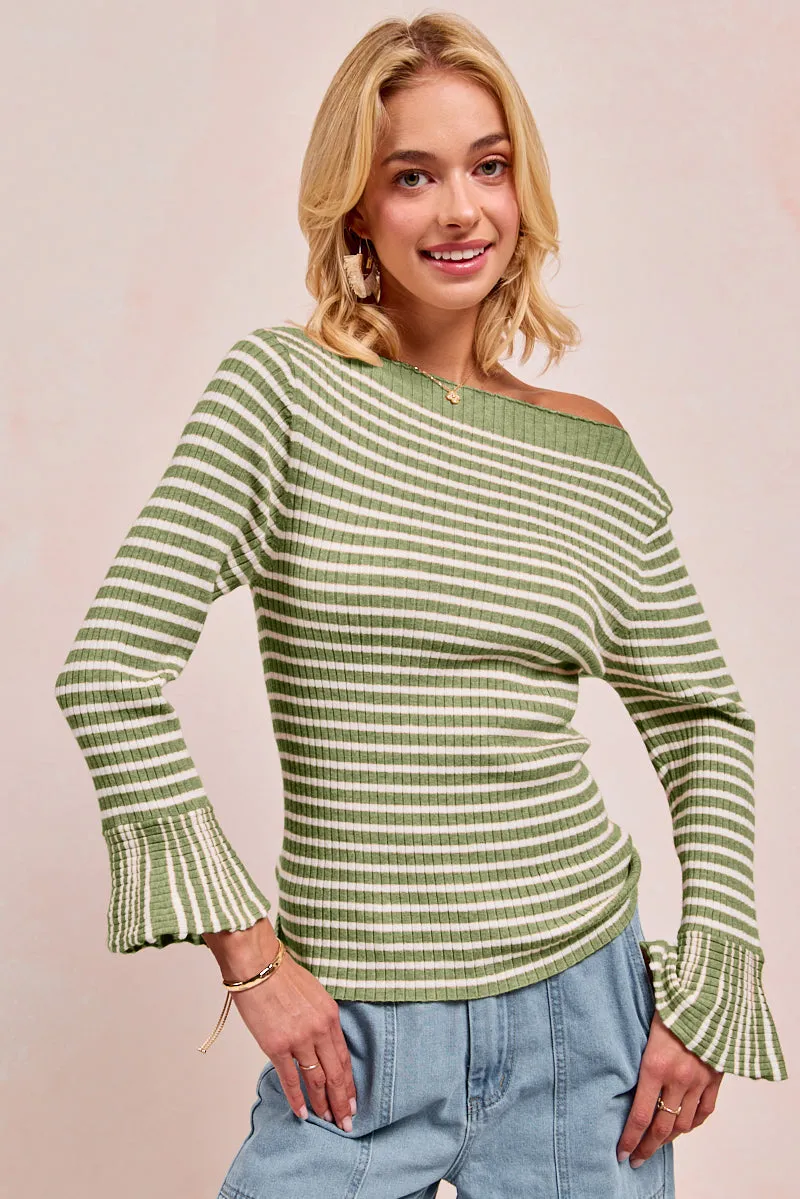 IT4419S-01 | STRIPE RIB KNIT TOP WITH FLARE SLEEVES BOAT NECK Poly Blend