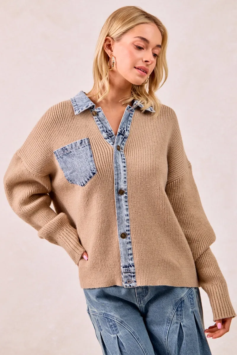 IT4420G-01P | WASHED DENIM MIX AND MATCH BUTTONED SWEATER TOP Durable Zipper Secure Internal Pockets
