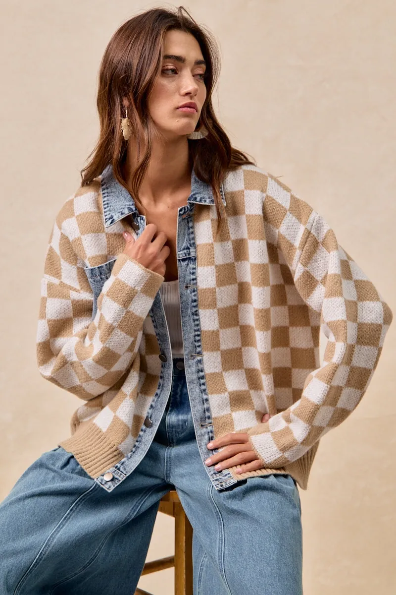 IT4420G-03 | WASHED DENIM MIX AND MATCH CHECKER SWEATER TOP Eco Conscious Production water proof