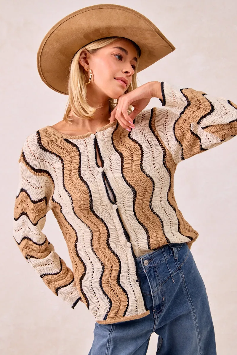 IT4435H-01 | POINTELLE WAVY STRIPED KNIT SWEATER TOP W BUTTON Everyday Fit Style Streetwear vibe