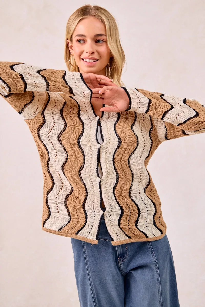 On The Go Built-in shorts IT4435H-01 | POINTELLE WAVY STRIPED KNIT SWEATER TOP W BUTTON