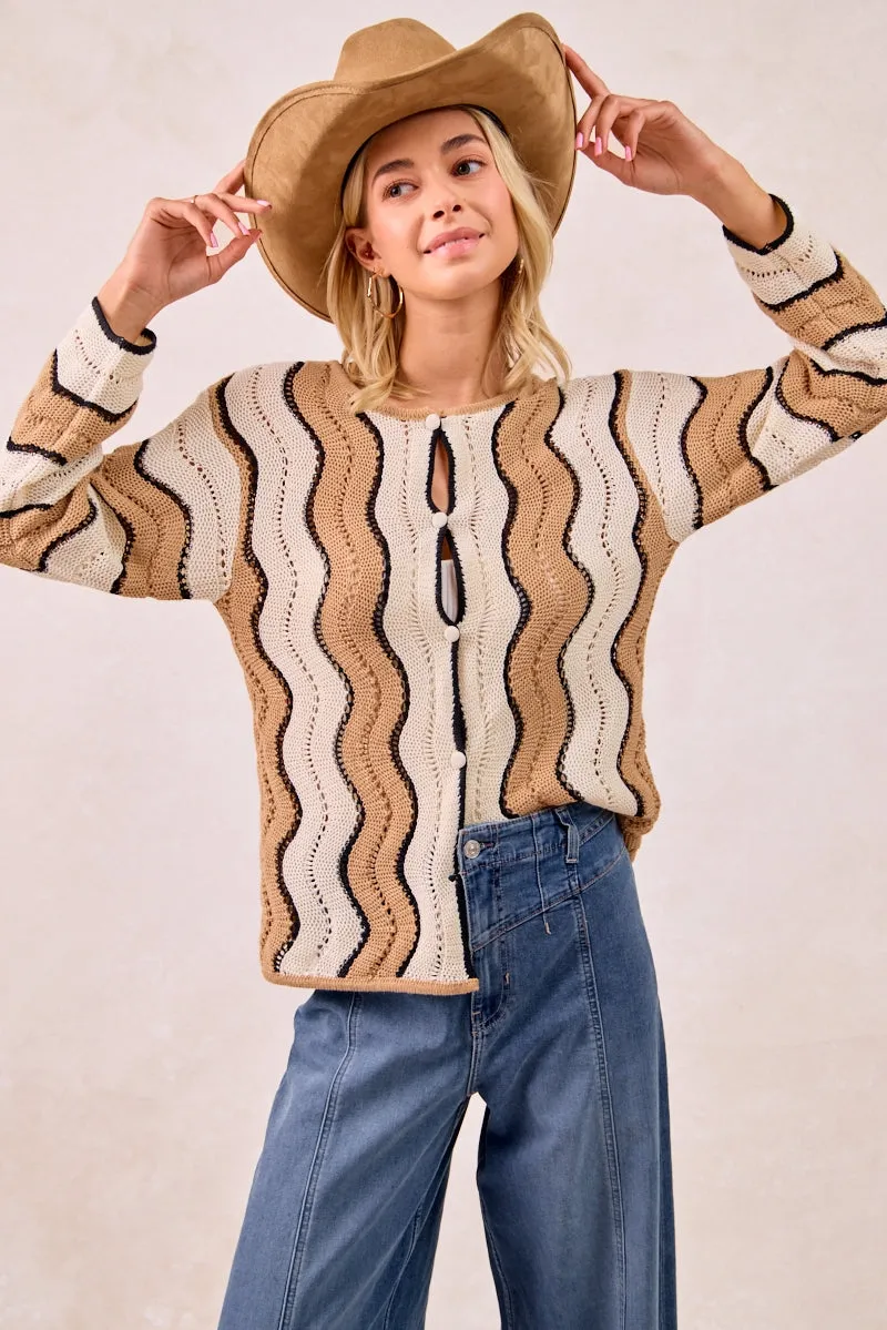 IT4435H-01 | POINTELLE WAVY STRIPED KNIT SWEATER TOP W BUTTON Flexible Knee Panels Tangle Free Cuffs