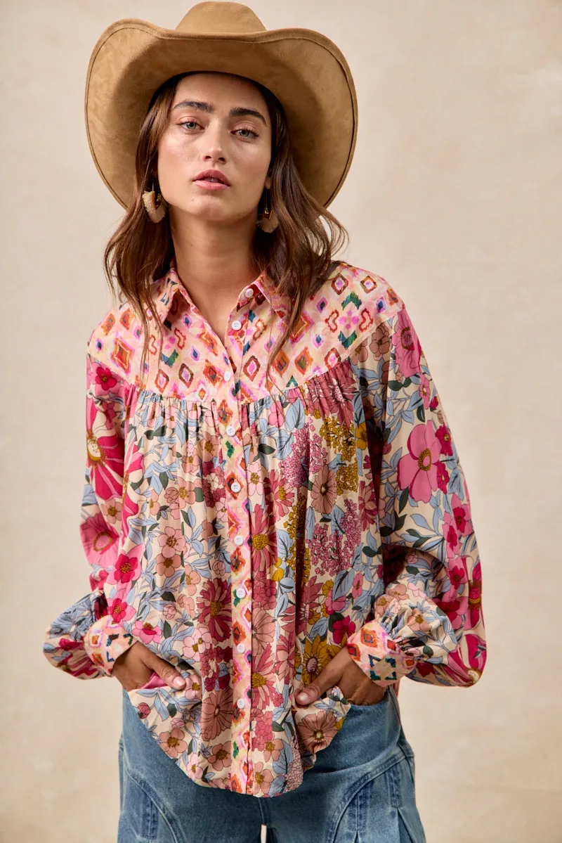 Flattering Design IT4439G-03 | FLORAL PRINT MIX AND MATCH SHIRRING DETAIL BLOUSE