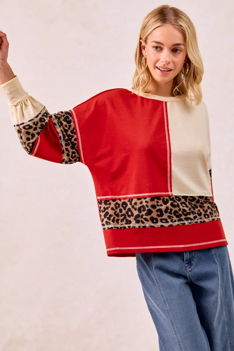 Casual Edge IT4440S-01 | FRENCH TERRY MIX AND MATCH TOP WITH LEOPARD PRINT