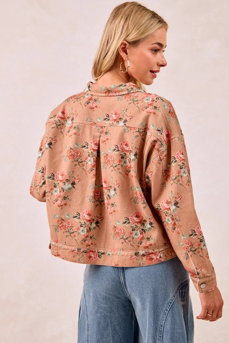 Corduroy texture ThermalRegulation IT4441S-01 | WASHED FLORAL PRINTED DENIM JACKET WITH BACK PLEAT