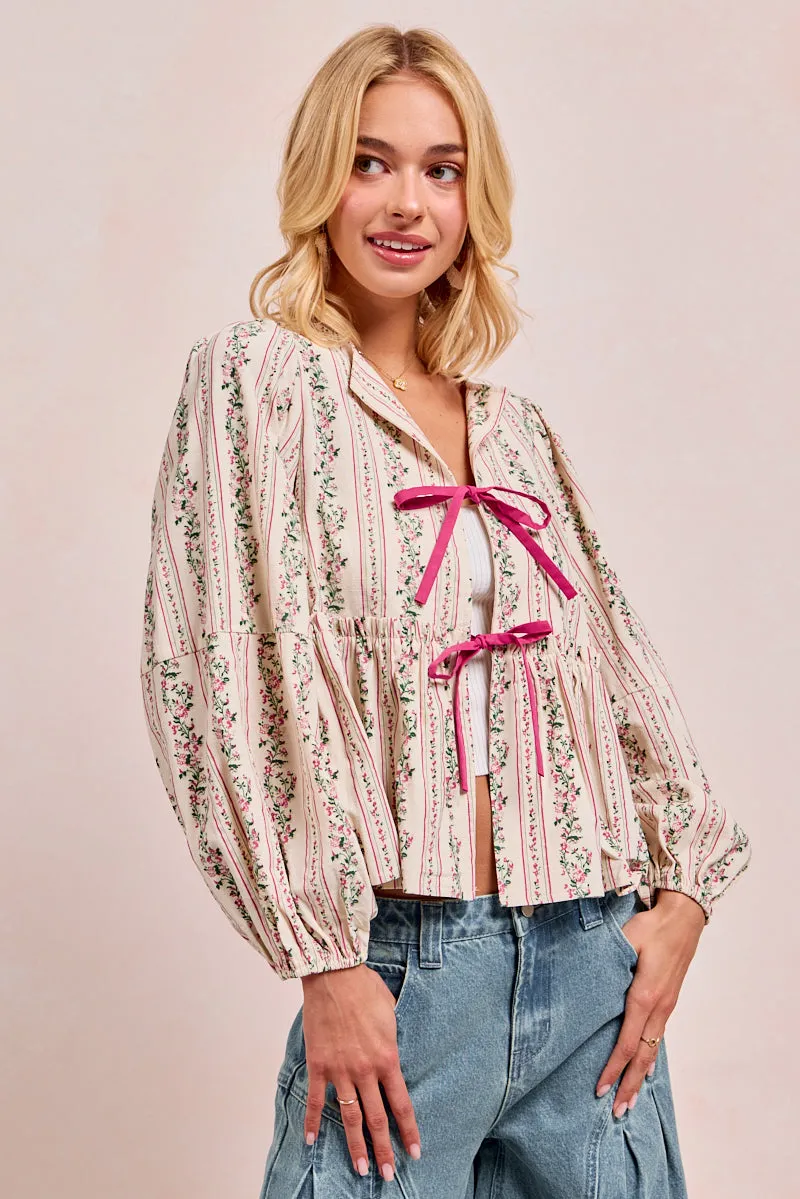 IT4444S-02 | FLORAL PRINTED WOVEN TOP WITH BALLOON SLEEVES Oversized Fit