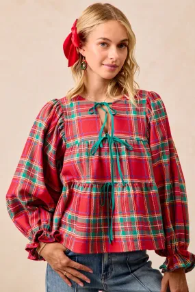 LightweightWeave IT4450H-07 | CHRISTMAS PLAID TOP WITH FRONT BOW TIED DETAILS