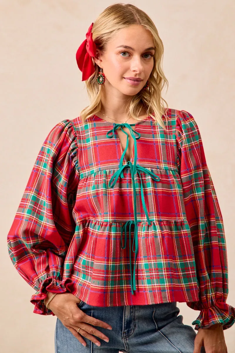 IT4450H-07 | CHRISTMAS PLAID TOP WITH FRONT BOW TIED DETAILS BreathableMaterial