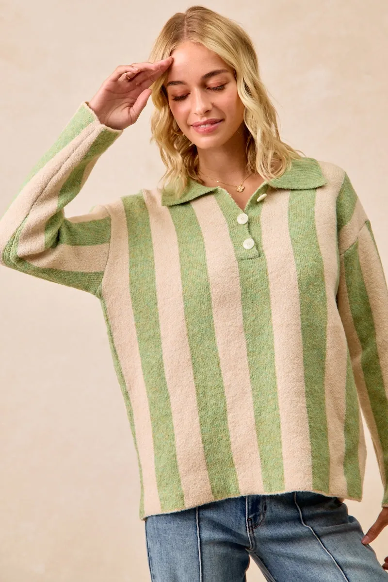 Premium Stretch Contoured Panel Design IT4451H-01 | STRIPED SWEATER TOP WITH FRONT BUTTONED