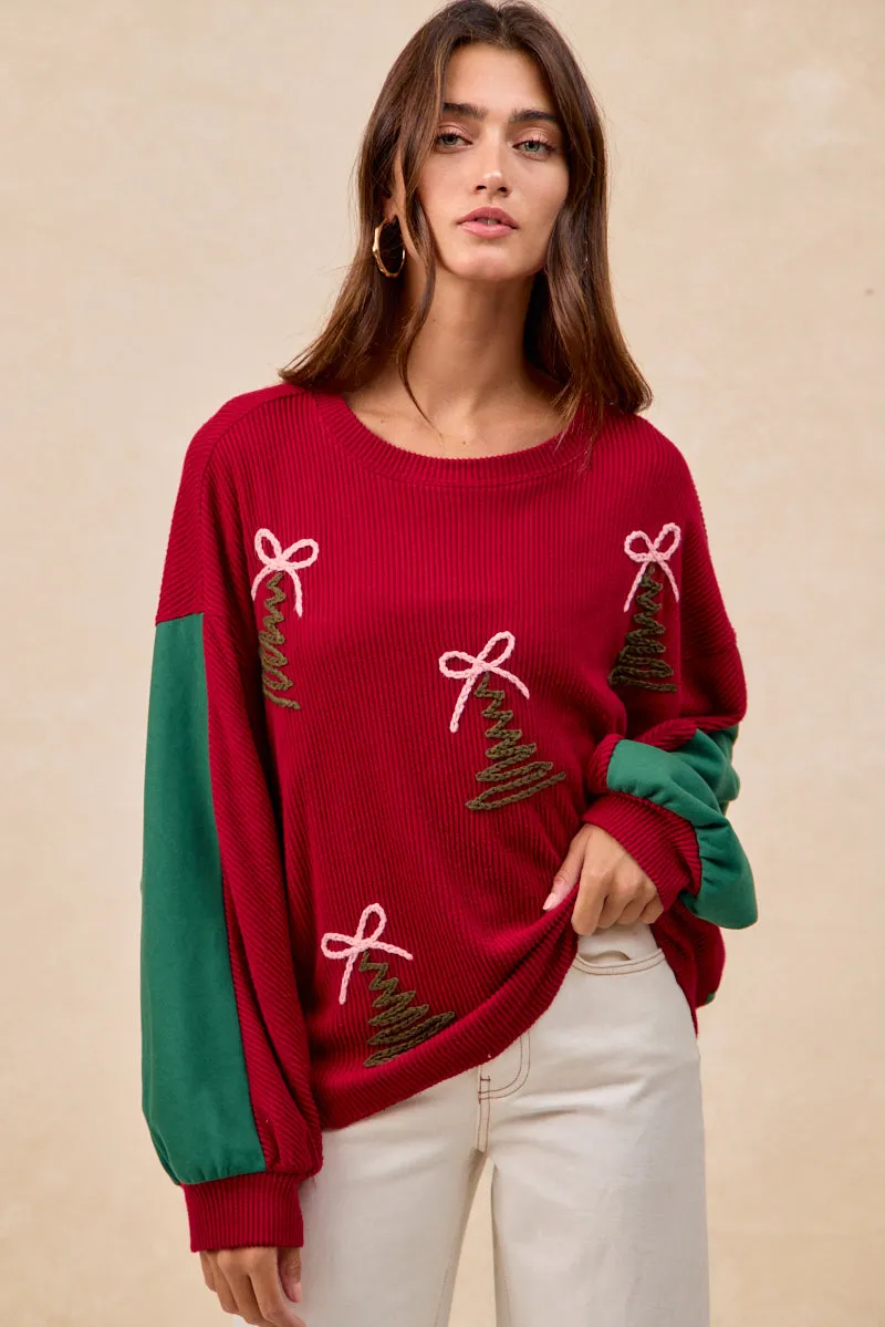 IT4459K-01 | CHRISTMAS THEME TREE EMBROIDERED SWEATER TOP Ultra Soft Texture Flexible Knee Panels