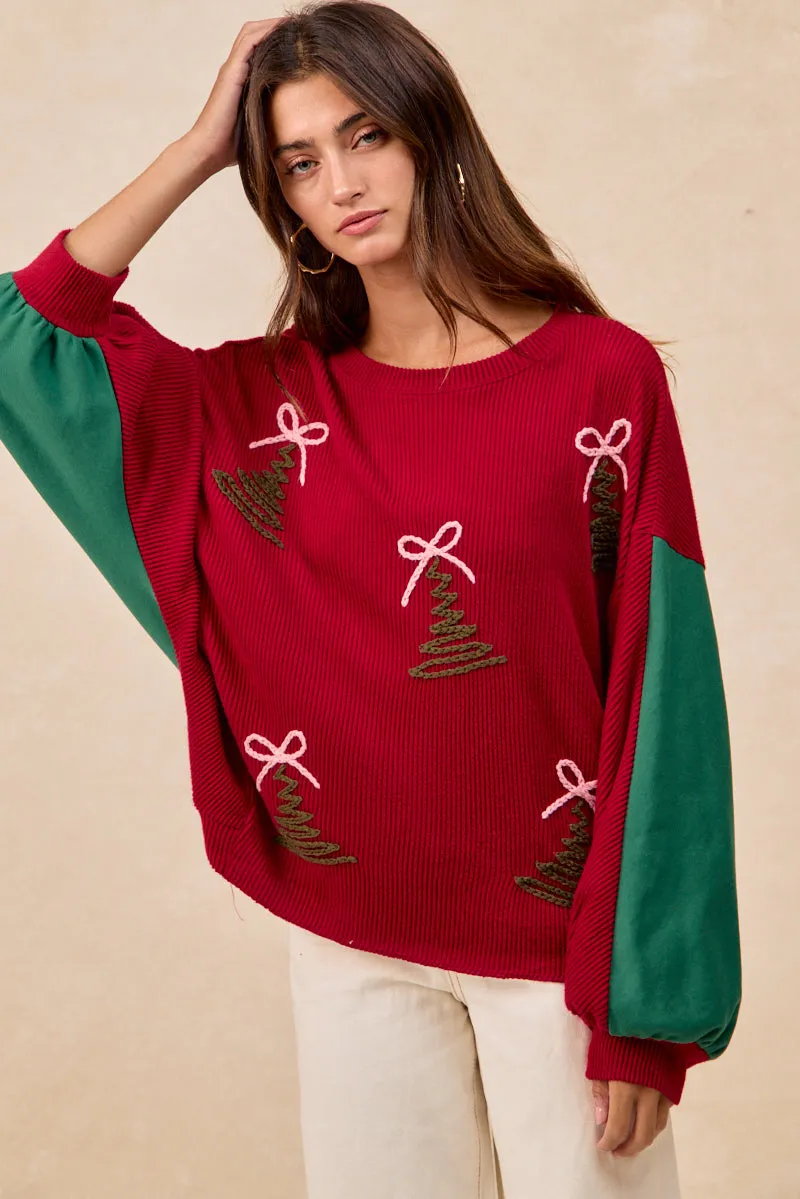 IT4459K-01 | CHRISTMAS THEME TREE EMBROIDERED SWEATER TOP Lightweight Fabric