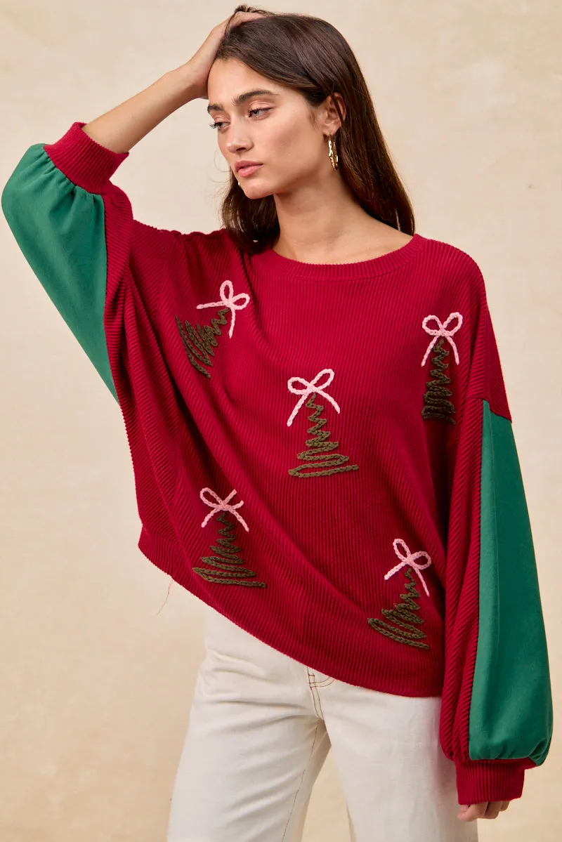 Low Bulk Design IT4459K-01 | CHRISTMAS THEME TREE EMBROIDERED SWEATER TOP