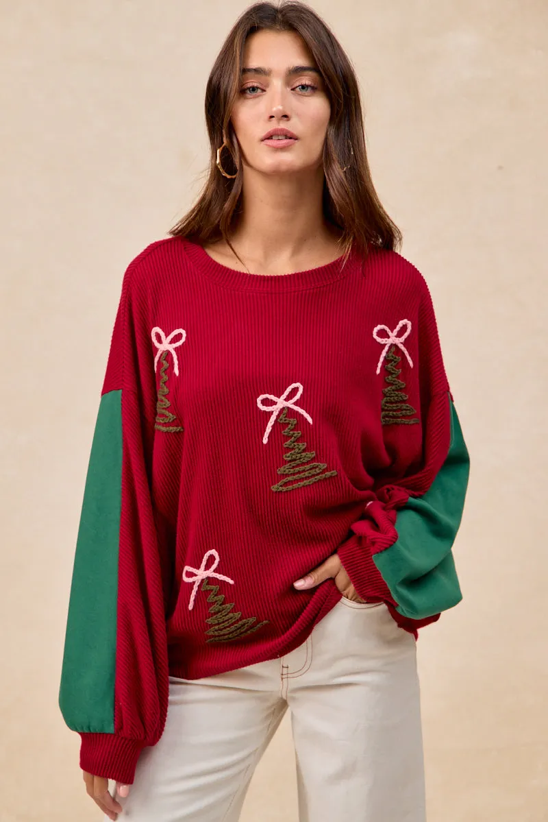 Basic Utility Durable Hemming IT4459K-01 | CHRISTMAS THEME TREE EMBROIDERED SWEATER TOP