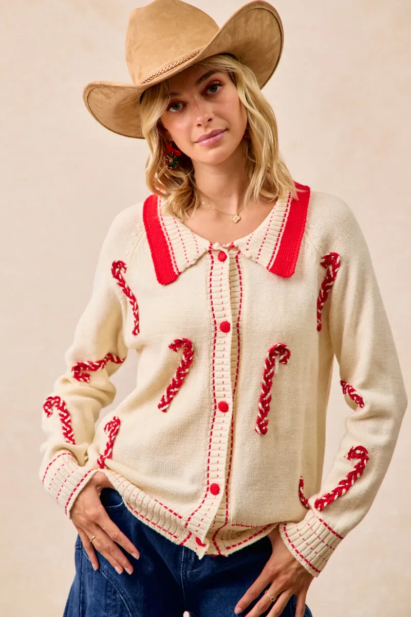 IT4461K-01 | CHRISTMAS CANDY CANE PATCHES COLLARED SWEATER TOP Stay Cool