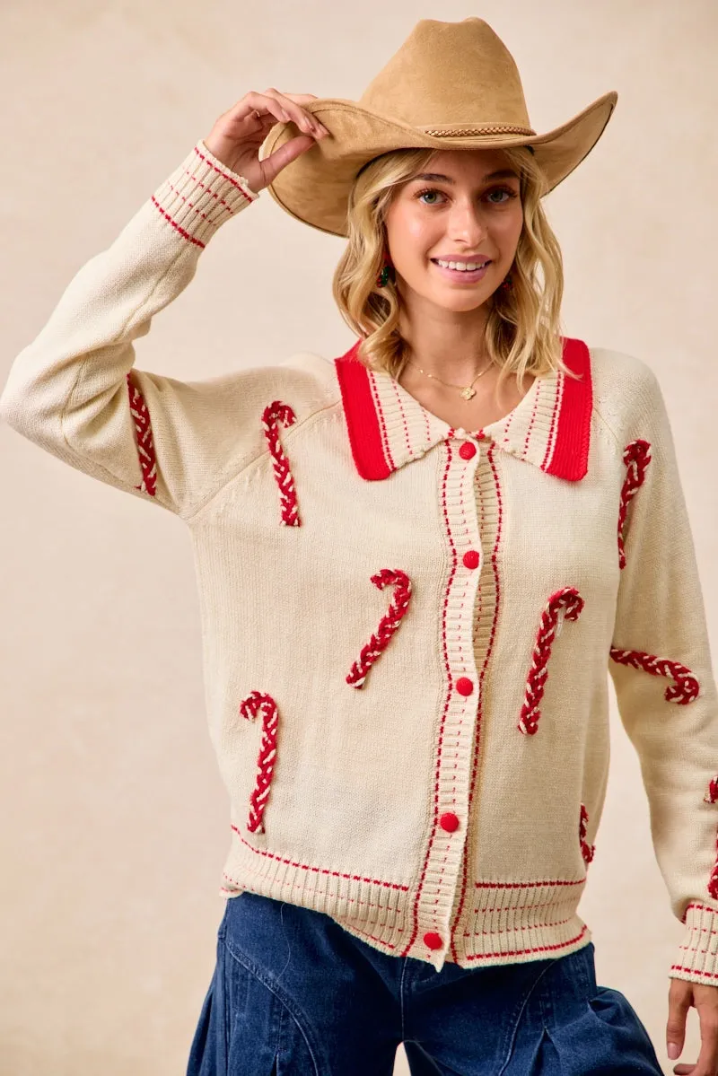Functional Ease Tapered Leg Design IT4461K-01 | CHRISTMAS CANDY CANE PATCHES COLLARED SWEATER TOP