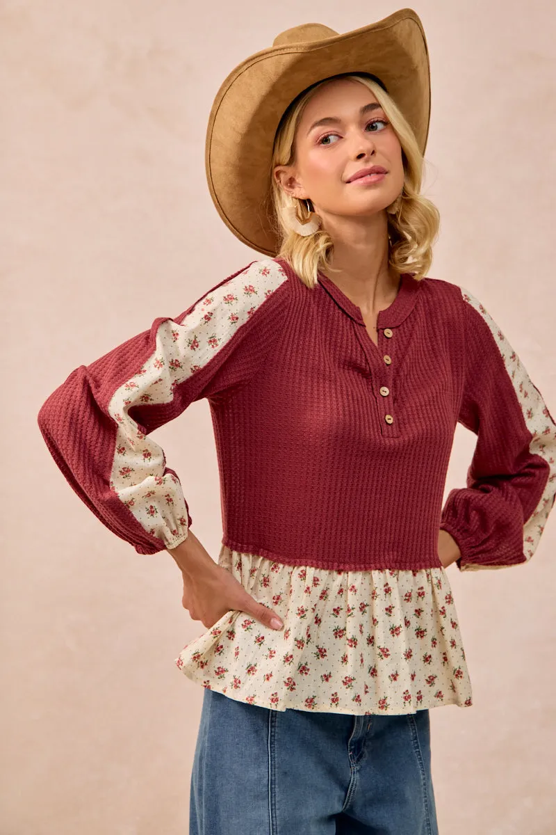 IT4469S-01 | WAFFLE WITH FLORAL WOVEN COMBO TOP ButterSoftTexture