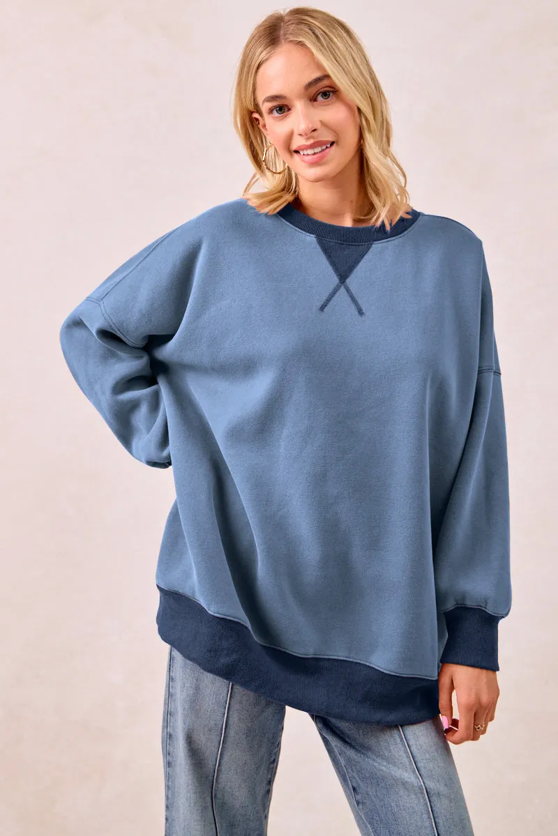 IT4471G-01 | RIBBED V-INSERT WASHED FLEECE OVERSIZED SWEATSHIRT Unstructured Fit