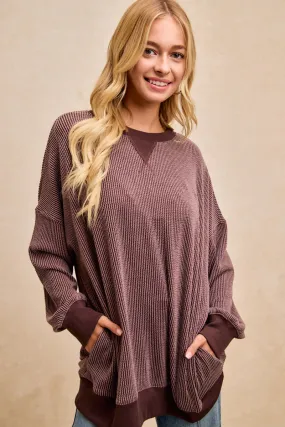 IT4471G-02 | V RIB DETAIL TWO TONE RIB OVERSIZED SWEATSHIRT TOP Seamless Shoulder Design