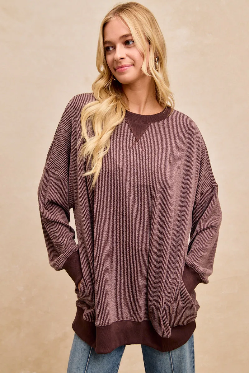 IT4471G-02 | V RIB DETAIL TWO TONE RIB OVERSIZED SWEATSHIRT TOP Convertible Cuff System All Day Wear