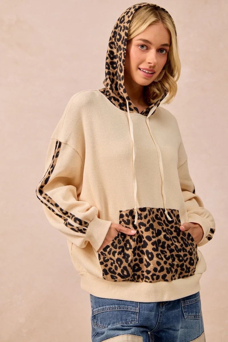 IT4472G-01 | WAFFLE THERMAL AND LEOPARD MIX AND MATCH HOODIE Snag Free Knit Durable Abrasion Resistant