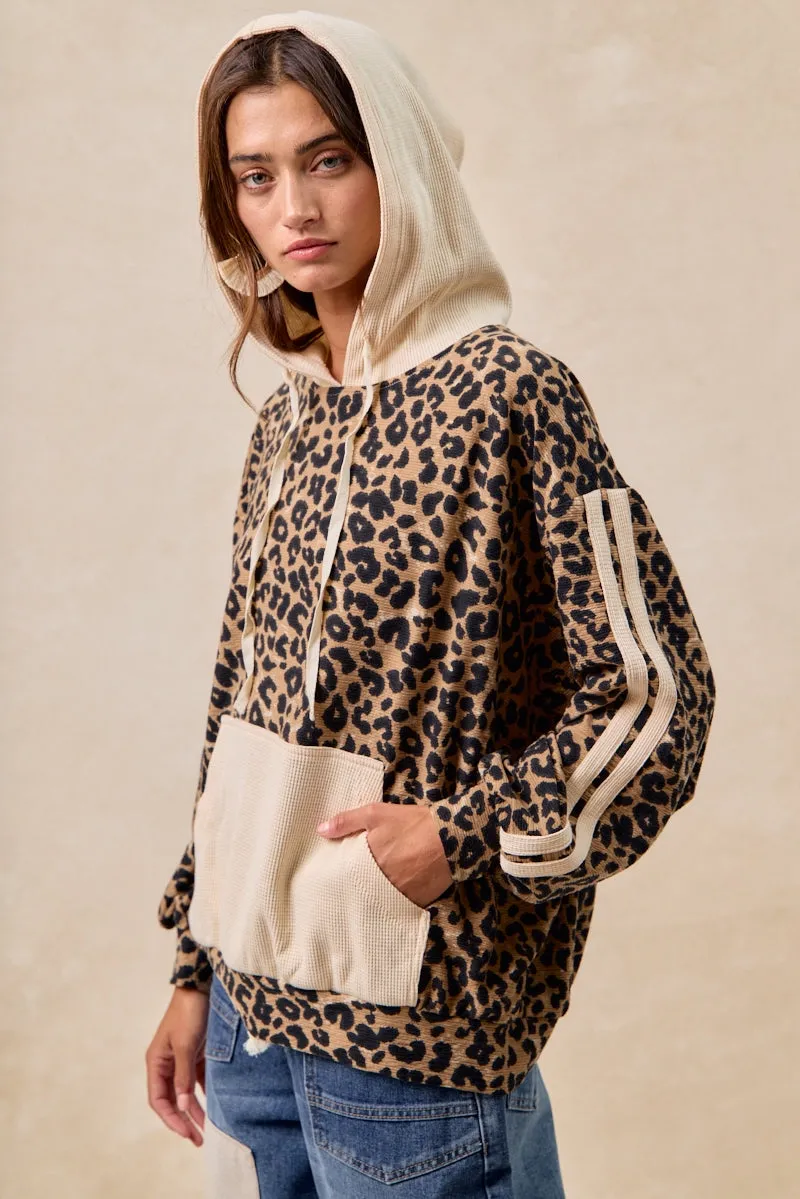 IT4472G-02 | WAFFLE THERMAL AND LEOPARD MIX AND MATCH HOODIE Durable Fabric Enhanced Edge Binding
