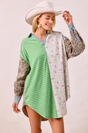 IT4476K-01 | LEOPARD MIX AND MATCH LONG TUNIC TOP StretchableMaterial Chill Commute Fit