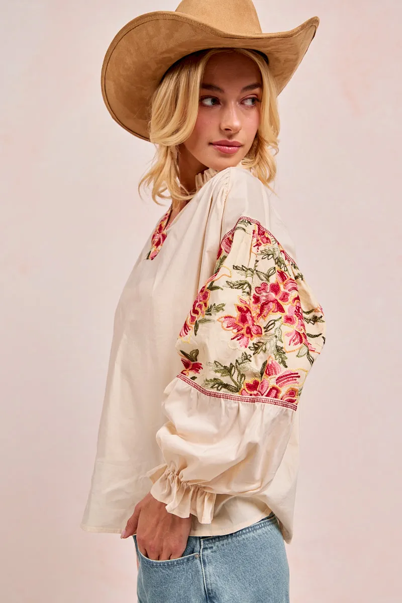 ContouredPanels Tear Resistant Fiber Blend IT4478-01 | SOLID WOVEN TOP WITH EMBROIDERY BLOCK RUFFLED EDGE