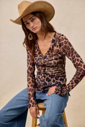 IT4487S-01 | LEOPARD PRINTED MESH TOP WITH BUTTON UP V NECK Easy Care Material ButterySoftTextile