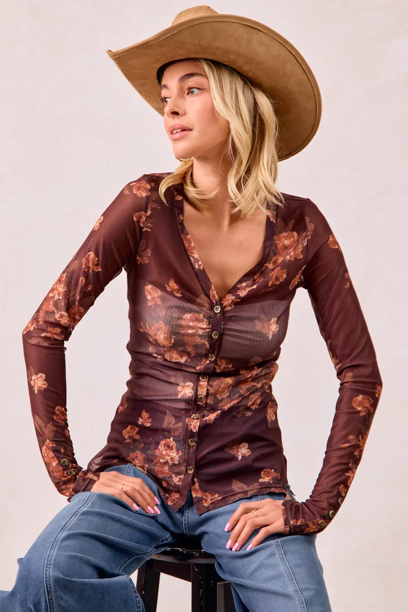 Fall Outfit IT4487S-02P | FLOWER PRINTED MESH BUTTONED V NECK TOP