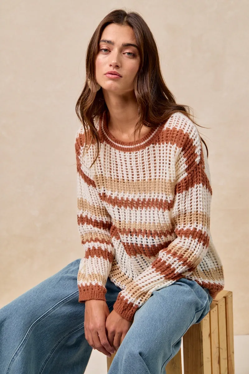 IT4490H-01 | STRIPED OPEN KNIT SWEATER WITH LONG SLEEVES Anti Chafe Lining