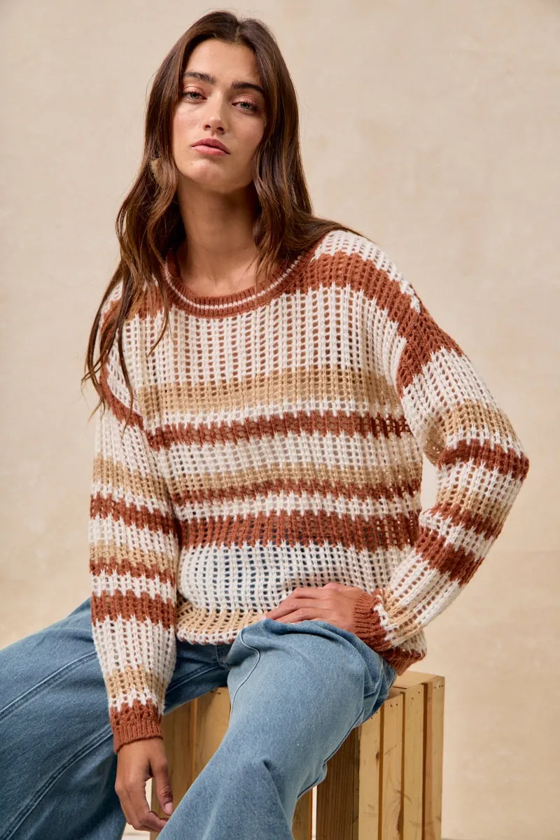 IT4490H-01 | STRIPED OPEN KNIT SWEATER WITH LONG SLEEVES Stretch Fabric