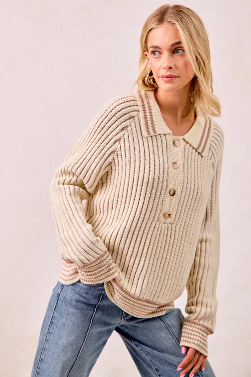 IT4500S-01 | TWO TONE SWEATER TOP WITH BUTTON UP COLLARED Teflon coating Knee Length
