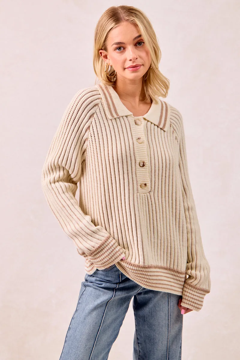IT4500S-01 | TWO TONE SWEATER TOP WITH BUTTON UP COLLARED TapedSeamConstruction