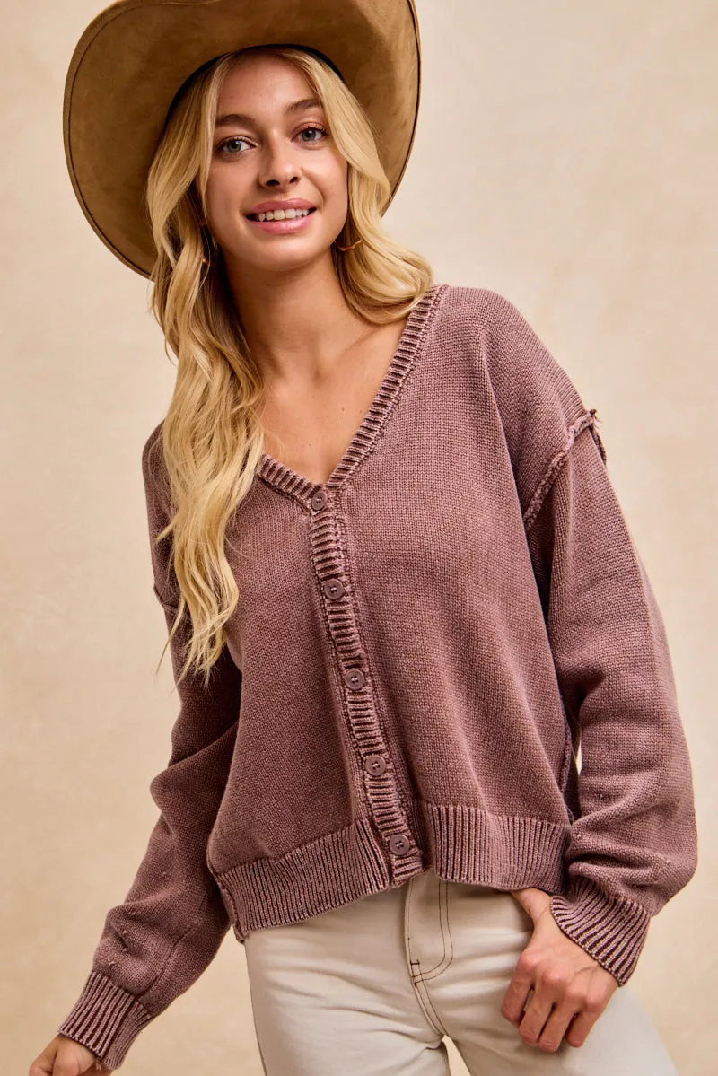IT4509-01 | WASHED SWEATER V NECK CARDIGAN Abrasion Proof Reinforcements Recycled Polyester Blend