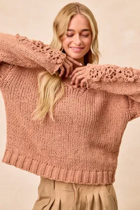 Anti Static Finish IT4521-01 | CHUNKY KNIT SWEATER TOP WITH FLOWER DETAIL SLEEVES